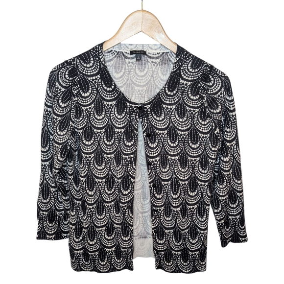 Talbots Black Ivory Geometric Lace Style Knit Cardigan Classic Officewear Small - Picture 2 of 7